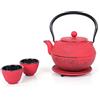 ECHTWERK Servizio da tè in ghisa, teiera da 1,1 l, con colino rimovibile, teiera con sottobicchiere e 2 tazze da tè, teiera vintage per preparare tè sfuso, colore rosso