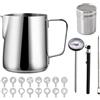 Hylruu Bricco per latte da 600 ml, in acciaio inox, con termometro, shaker per polvere e caffè, 16 stencil per preparare latte e cappuccino