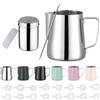Zuquik Bricco Latte in Acciaio Inox, 350ml, Barista con Misurazione Mark 12oz, Bricco per Latte con Spargitore per Cacao, 16 Stencil e Penna per Cappuccino e Espresso,Argento