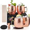 Yoassi Set di 4 Tazze di Rame per Moscow Mule 530ml*4 Mosca Mule con 4 Sottobicchieri, 4 Cannucce, Spazzola e Misurino Lavorate e Martellati a Mano Double Wall per Cocktail