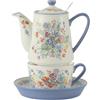 London Pottery Teiera e tazza da tè per uno, infusore rimovibile in acciaio inox per tè pomeridiano, set di tazza britannica e piattino, teiera per tè sfuso (Viscri Meadow)
