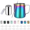 Zuquik Bricco Latte in Acciaio Inox, 350ml, Barista con Misurazione Mark 12oz, Bricco per Latte con Spargitore per Cacao, 16 Stencil e Penna per Cappuccino e Espresso,Rosa Antico