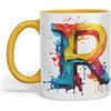Vixar Tazza con lettera R, con monogramma dell'alfabeto, in ceramica, colorata, per tè, caffè, birra calda, 330 ml, regalo (G giallo)