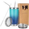Y·J&H YJH Y·J&H - Tazza da viaggio a doppia parete isolata sottovuoto, in acciaio inox, con 2 coperchi a prova di spruzzi, 2 cannucce e spazzola per la pulizia, senza BPA, colore: turchese e blu
