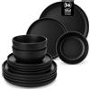 vancasso PLAYA Servizio Piatti 12 Persone, Set Piatti Moderni 36 Pezzi in Gres - 12 Piatti Piani, 12 Piatti Dessert, 12 Ciotole Cereali, Adatto per Lavastoviglie e Microonde - Smalto Nero