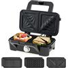 SOARS Tostapane 1200W, Piastra per Panini Sandwich Waffle 3 in 1, 5 Temperature Regolabili, Doppia Faccia, Piastra Grill Rimovibile e Lavabile, Protezione contro Surriscaldamento, Nero