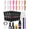 Phoenixy Set Unghie Gel Ricostruzione 8 Colori 15 ML Acrygel Unghie Ricostruzione Rosa Nudo Bianco Base Coat e Top Coat Kit Unghie Gel Completo Regali Per Donne