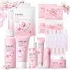 SHOPPGO 13 Pezzi Sakura Skincare Kit, Kit Skincare Viso Completo, Skin Care Coreana | Set Skincare mit Patch Occhi, Patch Labbra, Siero Viso, Crema Occhi, Lip Balm, Offre Una Riparazione Intensiva Completa