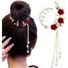 Myhiju Perla Rose - Fermaglio per capelli da donna, alla moda, elegante, in metallo, per coda di cavallo, con fibbia, vintage, rosso, rosa, perle, per donne e ragazze