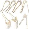 Licsaliwe 7 bastoncini cinesi per capelli, forcine vintage con perla e fiore, bacchette a forma di U per chignon raccolto, accessori retrò (Oro)