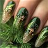 FrostyFlair Press On Nails, 24 Pezzi Unghie Adesive con Foglie Glitter Verdi, Unghie Finte Lunghe a Mandorla con Funghi e Foglie, Unghie Adesive, Nail Art 3D in Gel