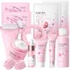 OPEIXSAYKOC Kit per la Cura Della Pelle Sakura 12 Pezzi,Detergente,Tonico,Siero,Crema Viso,Maschera Labbra,Maschera Viso,Rullo Massaggiante,Fascia per Capelli,Set Skincare Viso Completo per Ragazze e Donne