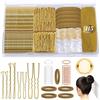 VEGCOO Set di 415 forcine per capelli, 100 forcine per capelli, 100 spille a forma di U, 200 elastici per capelli trasparenti, 5 scrunchies, 10 retine per capelli, con scatola (oro)