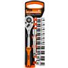 GOLDTOOLS Set di bussole e cricchetto 12 pezzi con supporto, cricchetto 1/2 24 denti, acciaio al cromo-vanadio, prolunga 125 mm, attacco 6 esagonale da 8 a 24 mm, sgancio rapido, per serraggio e