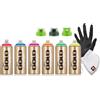 KLAMOTTEN STORE Montana GOLD - Set di bombolette spray da 400 ml, 6 colori, verde neon, rosa, arancione, blu, rosso, giallo, con 3 testine spray, maschera protettiva e guanto in nitrile, per graffiti, street art e