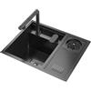TULAZOU Lavello da incasso nero opaco, 55 x 45 cm, invisibile, lavello da cucina, lavello in acciaio inox, con rubinetto di sollevamento estraibile e funzione di lavaggio bicchiere.