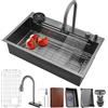 MIMRTIMI Lavello da cucina 66 * 50CM Nero Cascata Raindance Lavandino Cucina Lavandino Cucina 1 vasca Acciaio Inossidabile con kit di scarico e filtro cestello