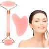 FiTspi Gua Sha & Jade Roller Kit, rullo al quarzo rosa con pietra Guasha, strumenti per la cura della pelle per donne, rullo massaggiatore viso per viso, occhi, collo, allevia le linee sottili e