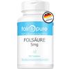 Fair & Pure Acido folico 5mg, 180 compresse, 5mg per compressa, integratore alimentare vegano senza additivi, prodotto in Germania