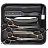 Generic Set di 9 forbici professionali da barbiere in acciaio inox nero e oro, con forbici da 16,5 cm, forbici per sfoltire, pettine, mantello e custodia, forniture per saloni e per la casa