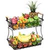 Relaxdays Cesto per Frutta e Verdura a 2 Piani in Metallo Nero con Manici in Legno 34x27x22 cm