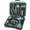 Deko Cassa porta attrezzi completa con cacciavite elettrico/trapano con batteria da 8 V, valigetta da 126 pezzi, cassetta professionale di attrezzi domestici per bricolage, ufficio e giardino, ciano