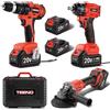 TEENO Kit di utensili 3 pezzi (smerigliatrice angolare senza spazzole + chiave inglese senza spazzole + trapano a percussione) Batteria da 20 Volt 3Ah*2, adatta per auto e casa