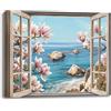 PIY PAINTING Wasserfront Szene Spiaggia Quadri Moderni Soggiorno Stampe Da Parete Mare e Finestra Disegno Su Tela Fiore Immagine Pittura Dipinto Quadro Con Cornice Decorazione Camera Da Letto 30x40 cm