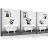 PIY PAINTING Set di 3 Quadri Moderni in Bianco e Nero, Mucca ed elefante nella vasca da bagno Immagine di Stampata su Tela Animale Quadro su Tela per Bagno Camera da letto, con Cornice 30x40CM