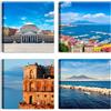 LuxHomeDecor Set di 4 quadri 30x30 cm - stampa su tela con telaio in legno - Napoli e Vesuvio: panorama, lungomare, Piazza del Plebiscito