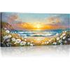 FajerminArt Grande Stampa Su Tela Con Cornice Blu Paesaggio Marino Quadri Moderni Fiori Selvatici Mare Onda Tramonto Immagine Pittura Su Tela Soggiorno Camera da letto Cucina ristorante Decor Murale 120x50cm