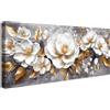 HALFLEMART Stampa su tela con cornice Grigio Oro Beige Peonie Fiori Pittura Quadri su tela Lusso Oro Foglie Floreale Quadri Moderni Poster Stampe da Parete Soggiorno Camera da Letto Ristorante 50x120cm