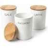 MECSAL CASALINGHI Set 3 Barattoli Ceramica Sale Zucchero Caffè con Tappo in Legno - Contenitori Cucina Ermetici Bianchi Stile Shabby - 10x13 cm