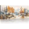FajerminArt Grande Stampa su Tela Con Cornice Arancione Riva dei laghi Foreste Acquerello Paesaggio Quadri Moderni Immagine pittura su tela soggiorno camera da letto Cucina ristorante Decorazione Murale 120x50cm