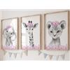 Eviepops Prints Set di 3 Stampe Safari Cameretta Bambina, Poster Animali Elefante Leone Giraffa con Fiori Rosa, Senza Cornice, Decorazione Parete, Idea Regalo Nascita (A4)