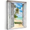 MuchoWow© Stampe su Tela moderne Quadro Moderno Soggiorno Quadretti da | 50x70 cm - Parete Room Decor Canoa - Spiaggia - Palma - Spiaggia - Vista dalla finestra