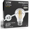Eurocali 3 x Lampadine LED a Filamento E27 10W Trasparante (1055 lumen equivalenti a 75W) - Forma: Goccia A60 - Luce Bianco Caldo 3000K - Fascio Luminoso 300°