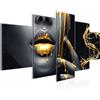 Runa Art - Quadri labbra dorate 200 x 100 cm 5 Pezzi XXL Decorazione Murale Design Oro Nero 041551a