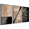 DekoArte - Quadri moderni soggiorno nordico legno 50x70 cm x3 con cornice | Set 3 quadri con cornice nera, stampa forme geometriche legno in toni naturali e neri, pronti da appendere