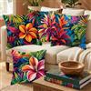 Generic Set di 4 federe per cuscino a tema Hawaii, traspiranti in pelle di pesca con stampa tropicale estiva di ibisco e foglie di palma, federa quadrata per cuscino per la decorazione della camera da letto e