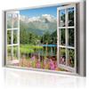 decomonkey Quadri Moderni Soggiorno Finestra Paesaggio, 1 pezzo, 90x60 cm | Tela strutturata su telaio in legno, decorazione da parete, vista, montagne, bosco, fiori, valle, natura, verde, rosa