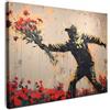 MuchoWow© Quadri su Tela Foto Quadro Moderno Soggiorno Canvas Decorazioni | 70x50 cm - Camera da Letto Street art - Uomo - Fiori - Rosso - Graffiti - Banksy
