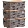 Kongming Scatole Plastica Con Coperchio 3 Pezzi Contenitore Con Bambù Coperchio 5L Cestino Portaoggetti, Impilabili Organizer Per Bagno, Cucina, Camera Da Letto Ufficio 25 x 18 x 10 cm (Grigio)