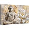 HALFLEMART Stampa su tela Con Cornice Moderno Buddha Grigio e Oro Pittura Fiori di Loto Beige Quadri su tela Spirituale Zen Quadri Moderni Soggiorno Camera da Letto Sala di Meditazione Stampe da Parete 30x40cm