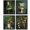 Dazzlewall Set di 4 Pezzi Quadro Bagno Verde Scuro Vintage, Poster con Toilette Lavandino Doccia Fiorale per Bagno Toilette 20×25 cm Senza Cornice