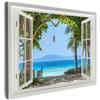 MuchoWow© Quadri su Tela Foto Quadro Moderno Soggiorno Canvas Decorazioni | 70x50 cm - Camera da Letto Vista dalla finestra - Albero - Mare - Palma - Colline - Spiaggia - Blu
