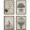 Nacnic set di 4 Stampe artistiche sfondo VINTAGE con pentagramma musicale. Raffigurazione in primo piano di mongolfiera, dente di leone, albero e bicicletta, con note musicali.