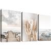 HALFLEMART 3Pcs Spiaggia costiera Oceano Mare Stampa su tela con cornice Beige nordico Erba della Pampa Pittura Quadri su tela Quadri Moderni Camera da letto Soggiorno Decorazioni murale 150x70cm(20x28x3pcs)