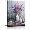FajerminArt Viola Lavanda Nel Vaso Quadri Moderni Con Cornice, Rustico Country Candela Stampe da Parete Natura Morta Retrò Quadro Stampa Su Tela Decorazioni per Bagno Soggiorno Camera da Letto 40x60cm