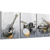 Generico Quadri su Tela Set 3 Pannelli, Stampa Vintage Musica (Chitarra, Pianoforte, Tamburo), Grigio e Oro, 30x40 cm, Decorazione Parete per Soggiorno e Camera